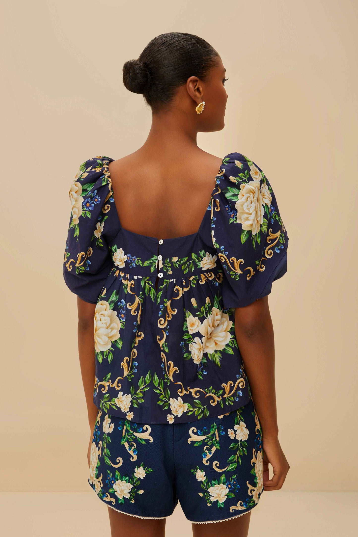 Flower Tapestry Blue Flowered Yoke Blouse