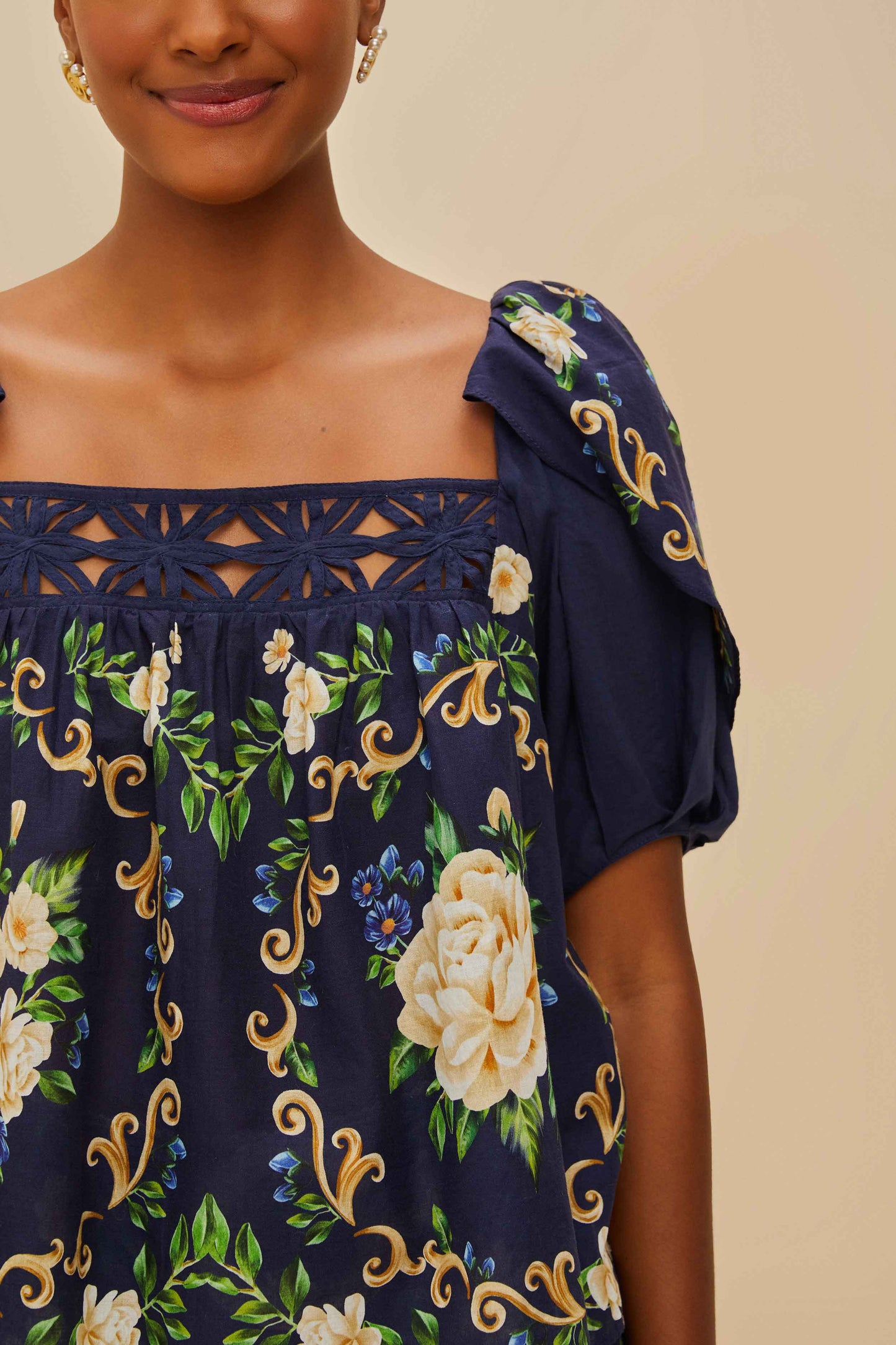 Flower Tapestry Blue Flowered Yoke Blouse