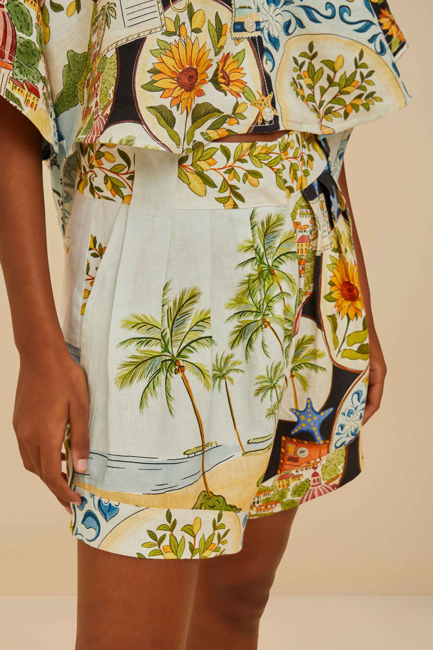 FARM Rio model wearing the Multicolor Latin Trip Scarves Euroflax™ Premium Linen Shorts