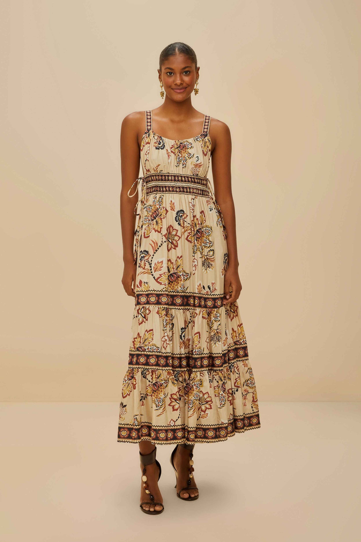 Aura Floral Sand Sleeveless Midi Dress
