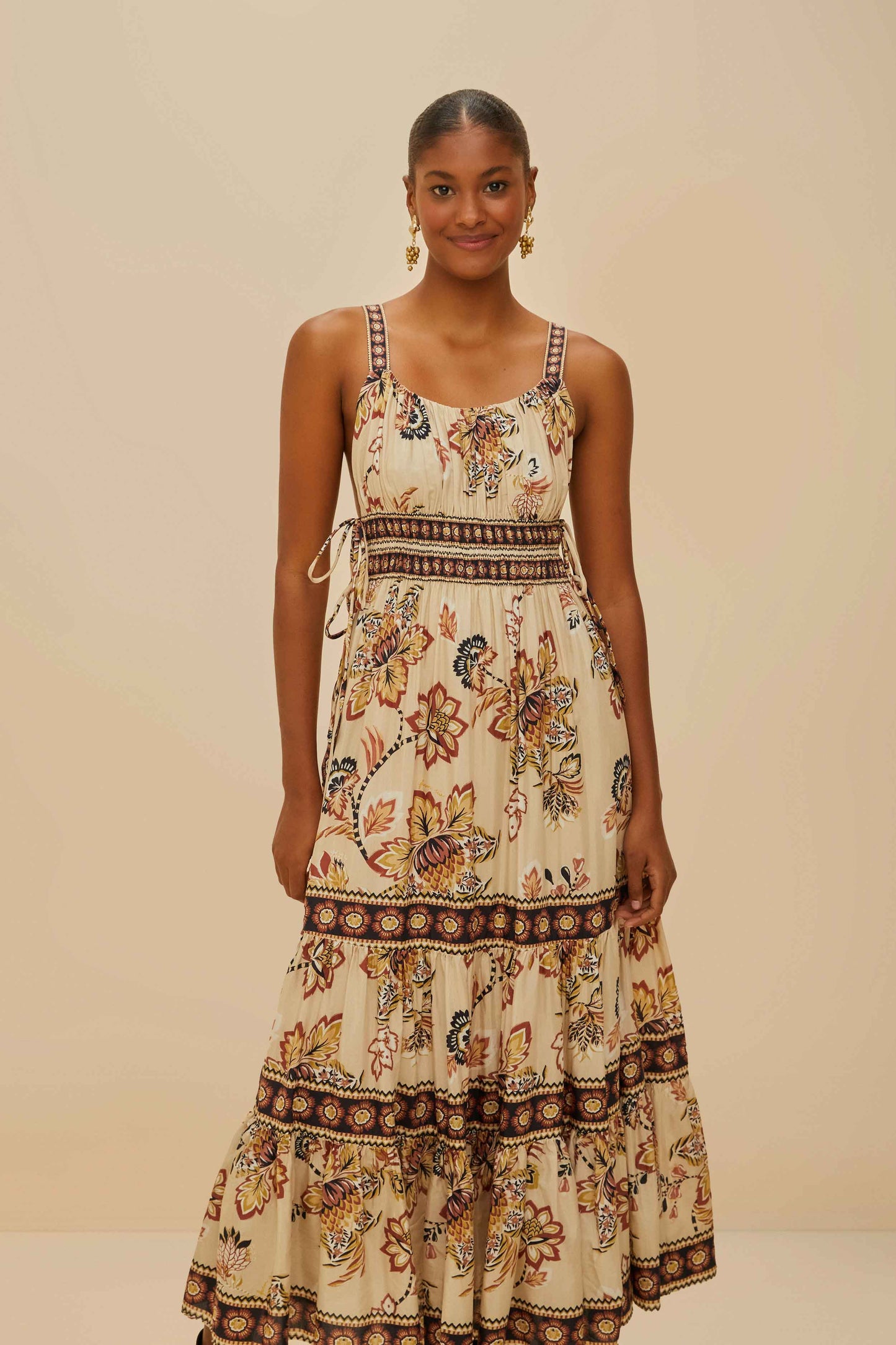 Aura Floral Sand Sleeveless Midi Dress