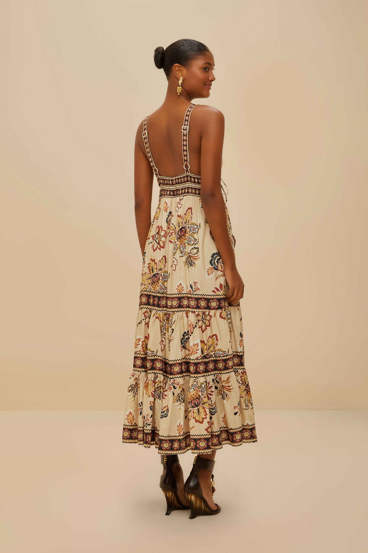 Aura Floral Sand Sleeveless Midi Dress