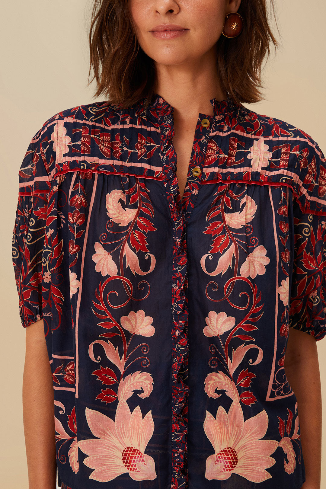 Boho Floral Scarf Navy Blue Blouse