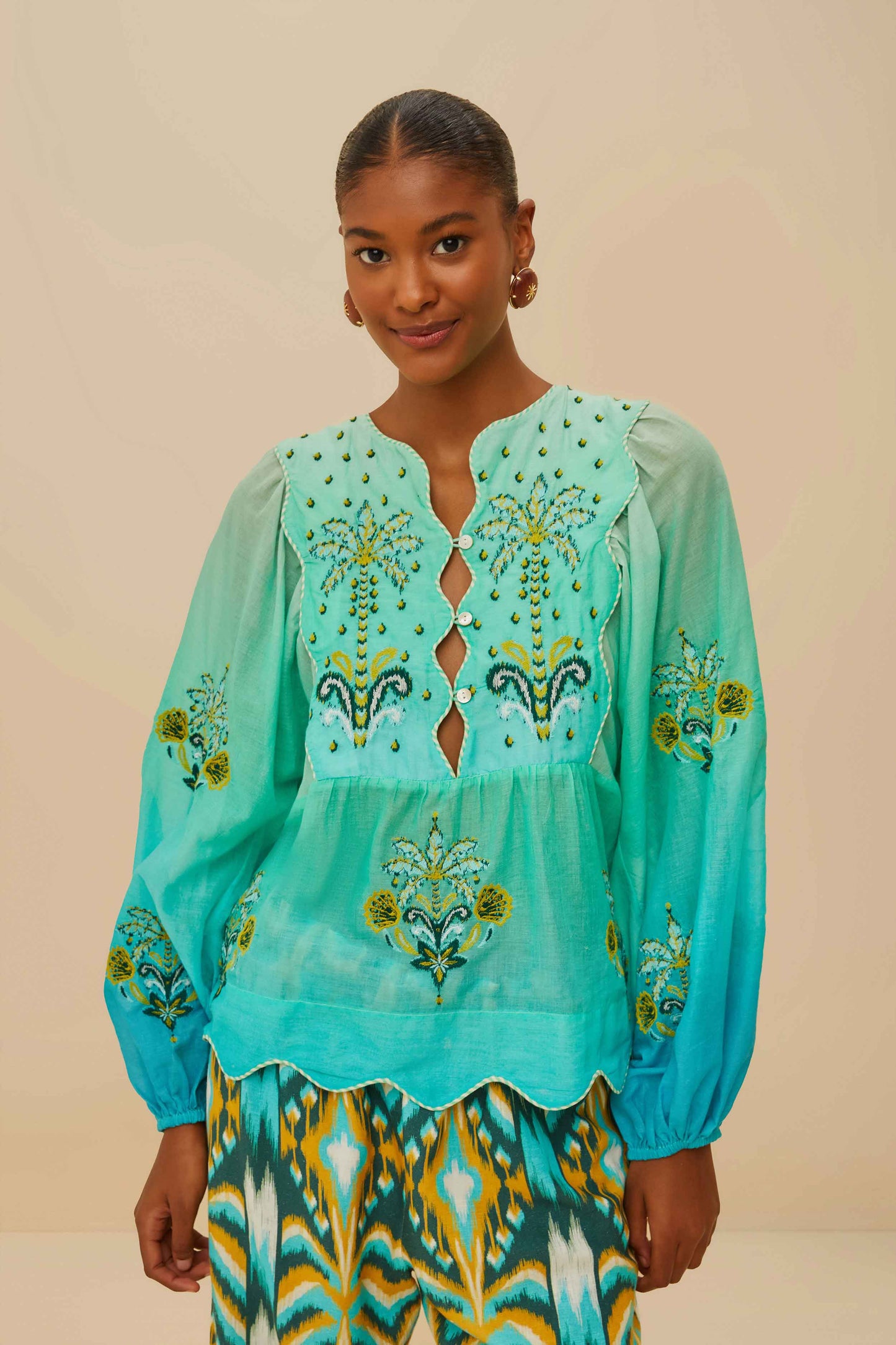 Turquoise Palm Tree Tapestry Blue Wavy Yoke Blouse