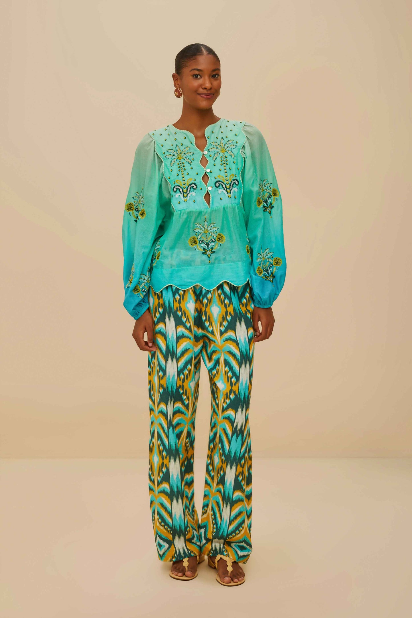 Turquoise Palm Tree Tapestry Blue Wavy Yoke Blouse