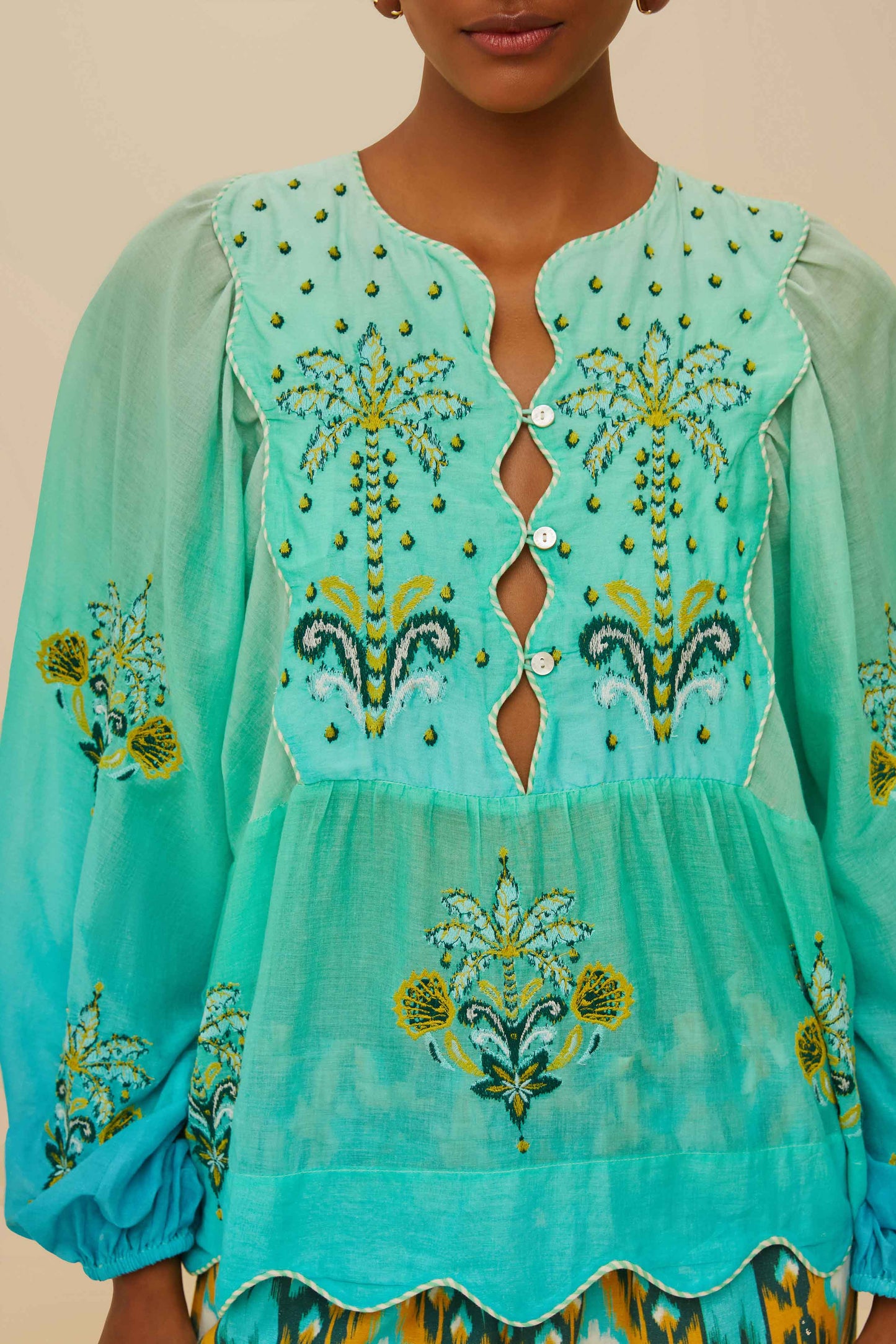 Turquoise Palm Tree Tapestry Blue Wavy Yoke Blouse