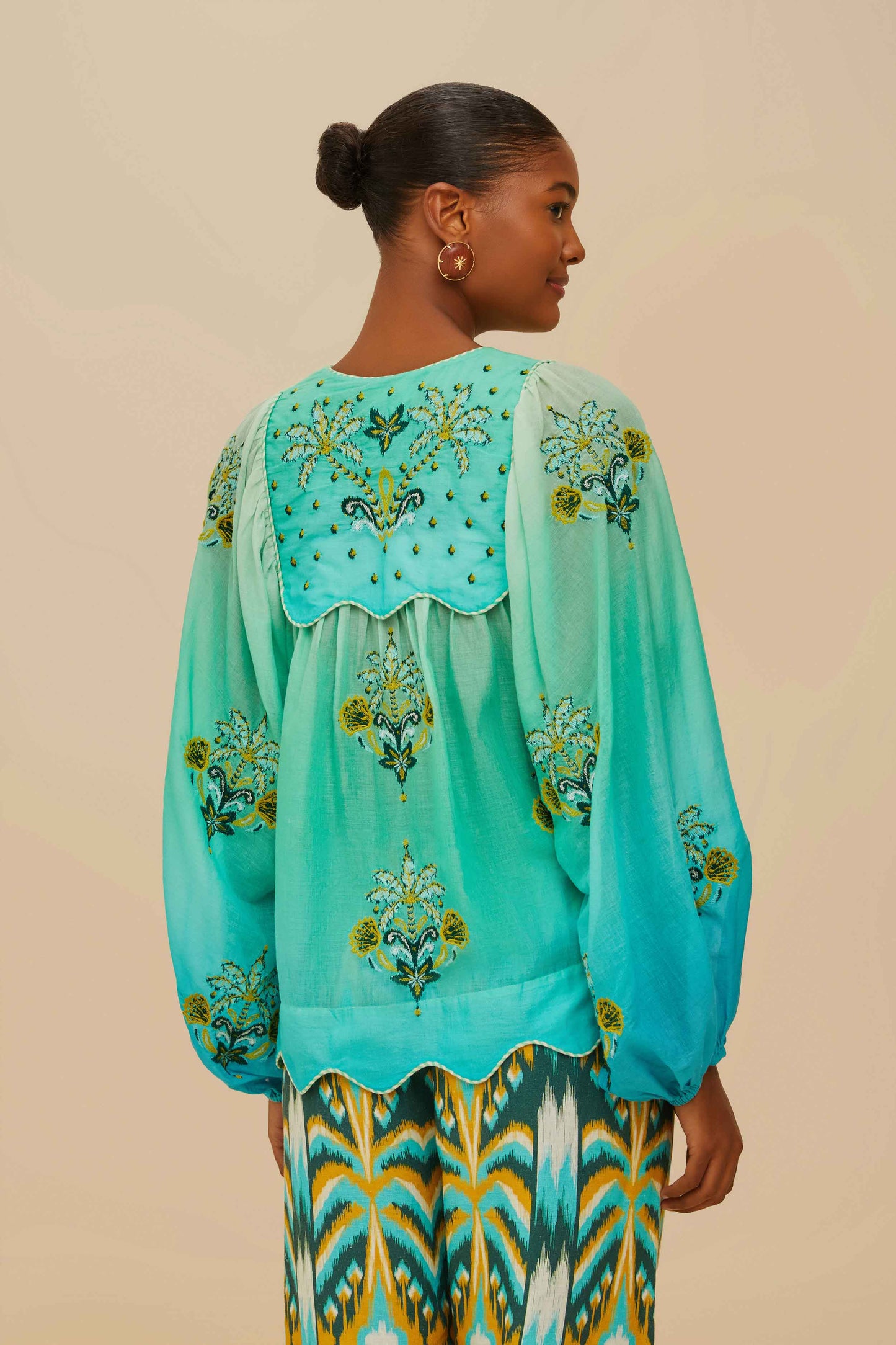 Turquoise Palm Tree Tapestry Blue Wavy Yoke Blouse