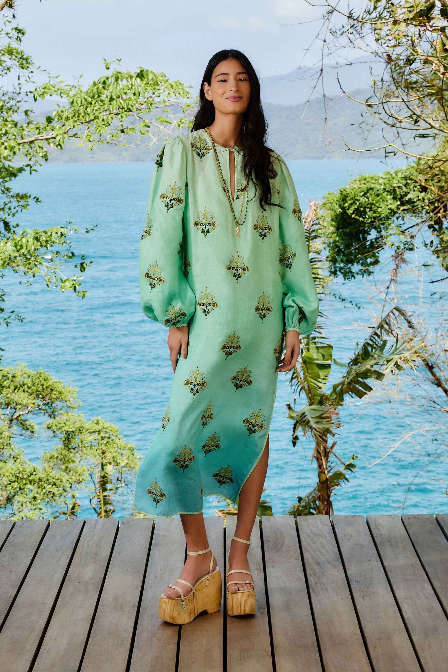 Turquoise Palm Tree Tapestry Embroidery Tunic