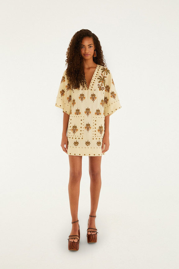 FARM Rio model wearing the Sand Coconut Tree Tapestry Euroflax™ Premium Linen Mini Dress