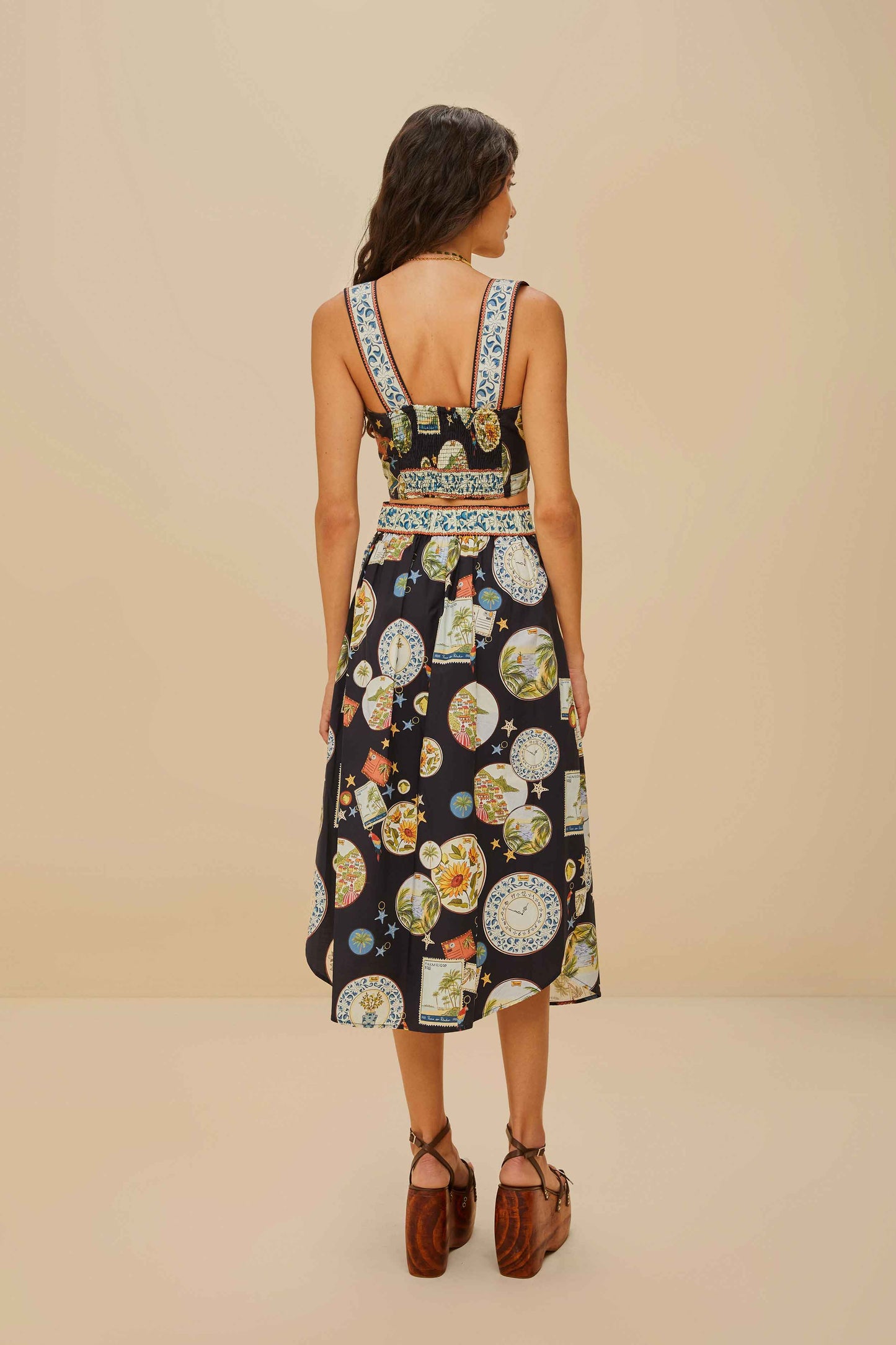 FARM Rio model wearing the Black Trip Souvenir Organic Cotton Midi Skirt