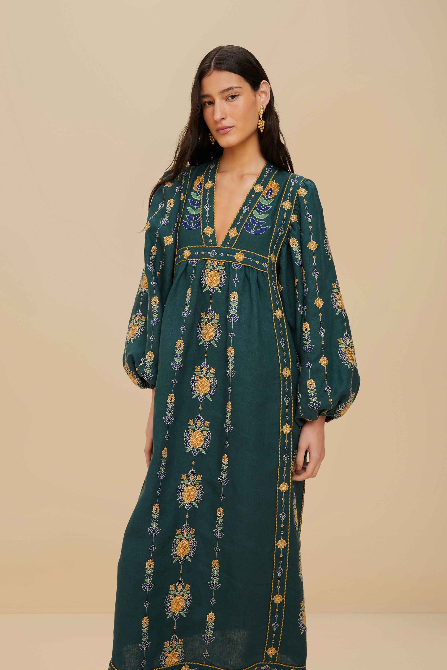 FARM Rio model wearing the Pineapple Embroidered Green Tunic Maxi Dress
