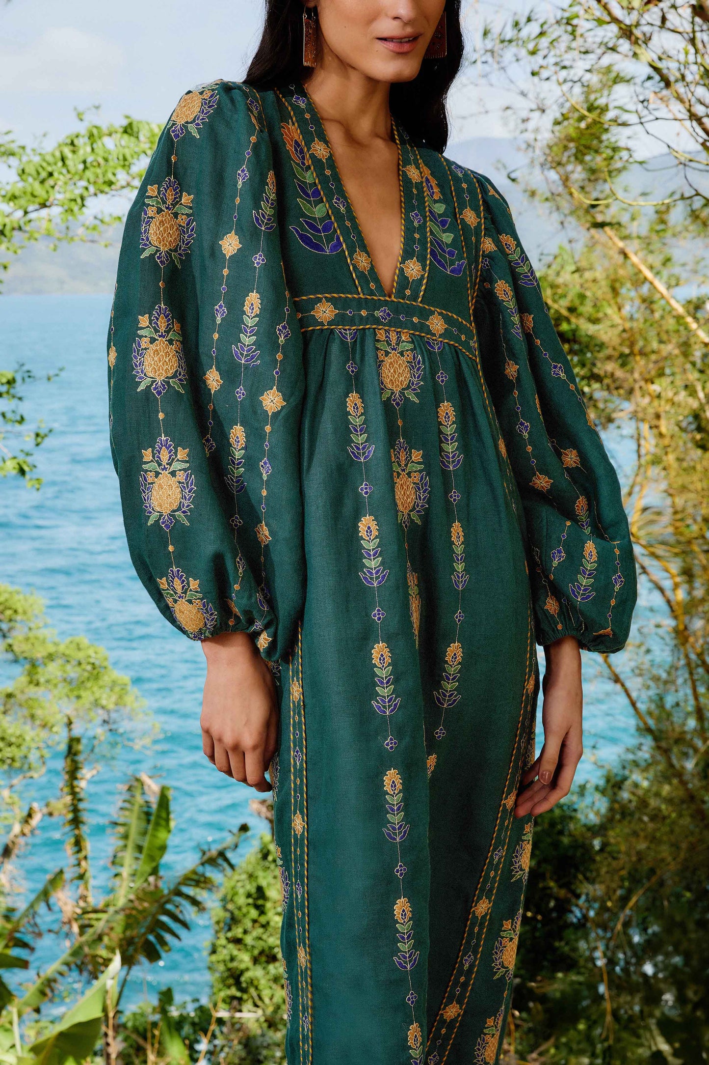 FARM Rio model wearing the Pineapple Embroidered Green Tunic Maxi Dress