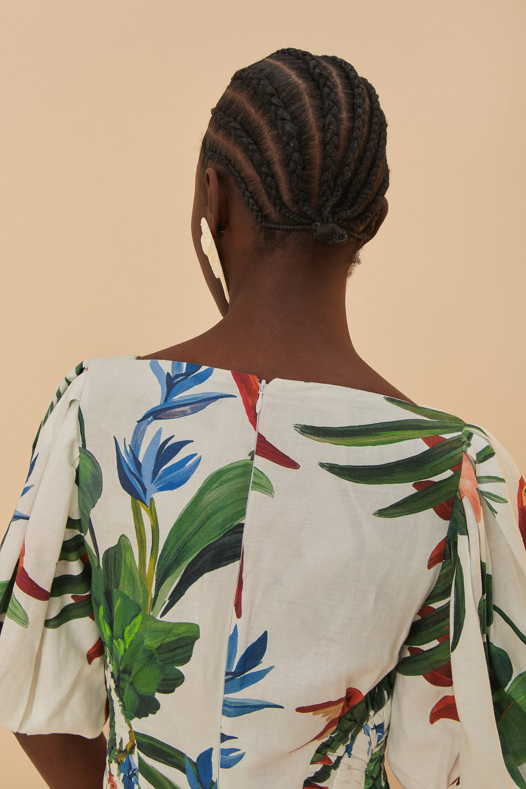 FARM Rio model wearing the Off-White Midnight Macaw Fiesta Midi Dress