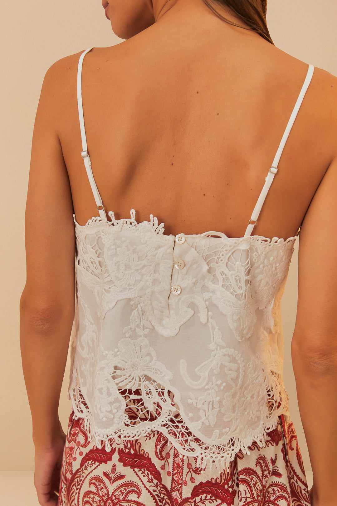 FARM Rio model wearing the Off-White Sleeveless Lace Top