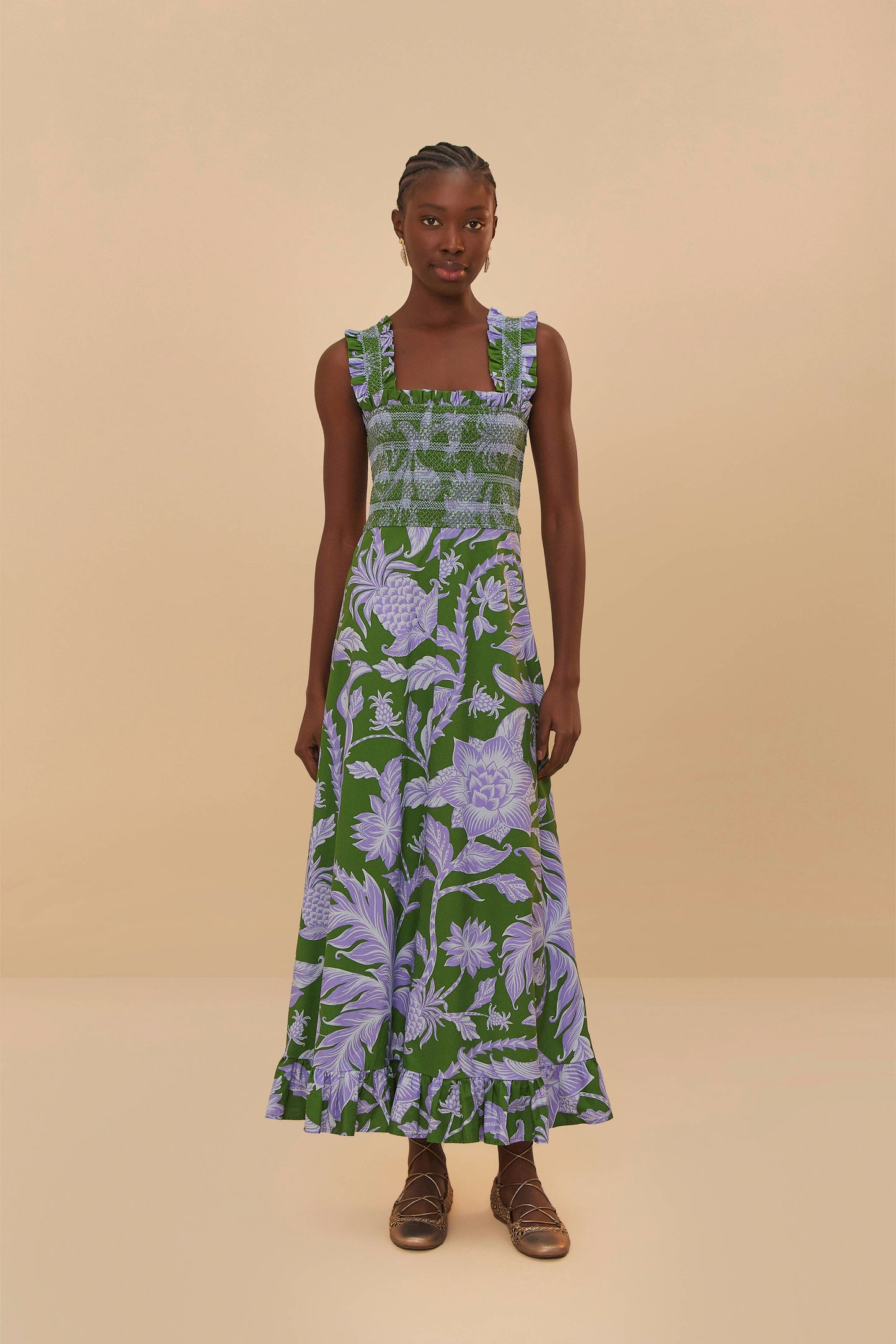 Tropical Swing Green Sleeveless Midi Dress