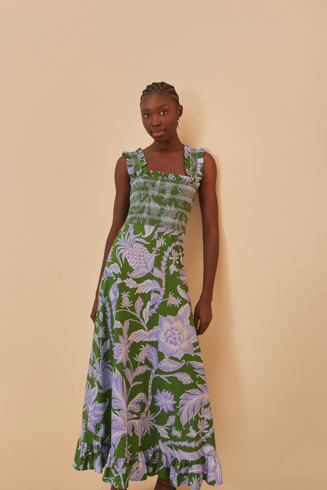 Tropical Swing Green Sleeveless Midi Dress