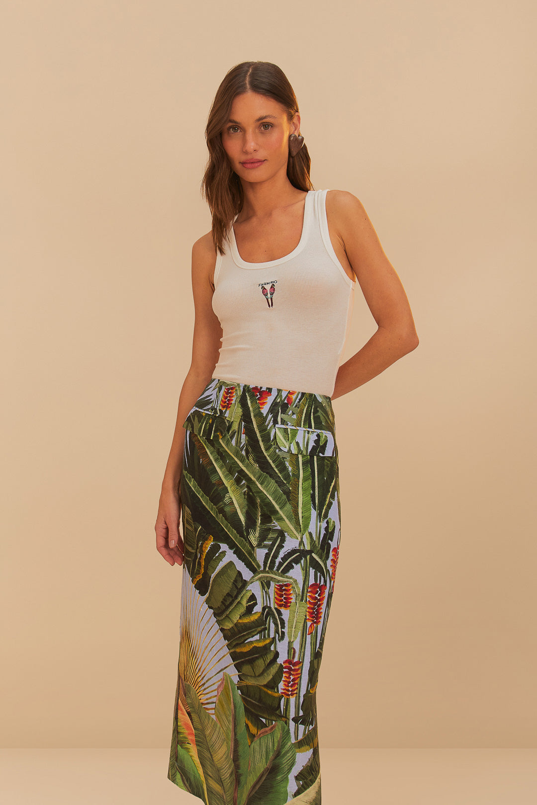 FARM Rio model wearing the Amazonia Forest Blue Maxi Skirt