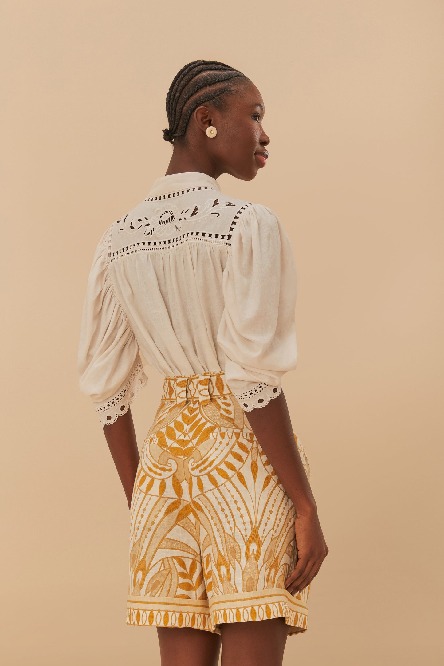 FARM Rio model wearing the Off-White Lace Nature Shorts