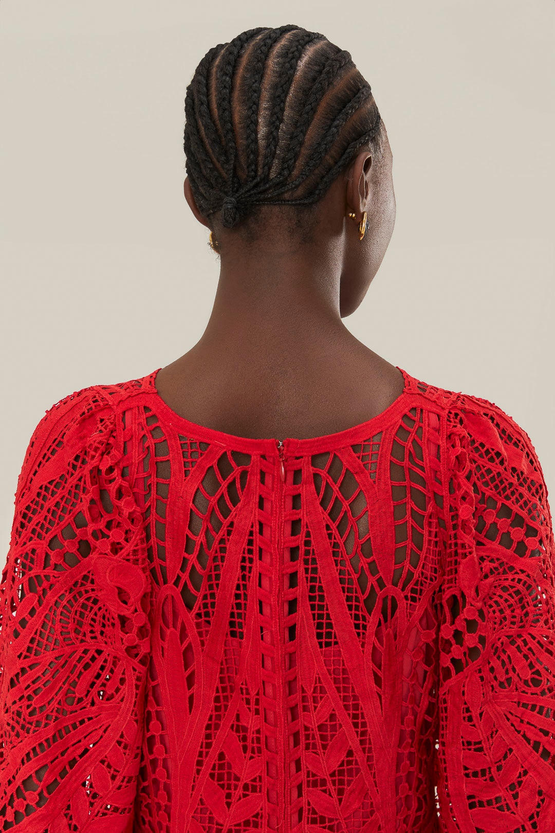 FARM Rio model wearing the Nature Red Guipure Midi Dress