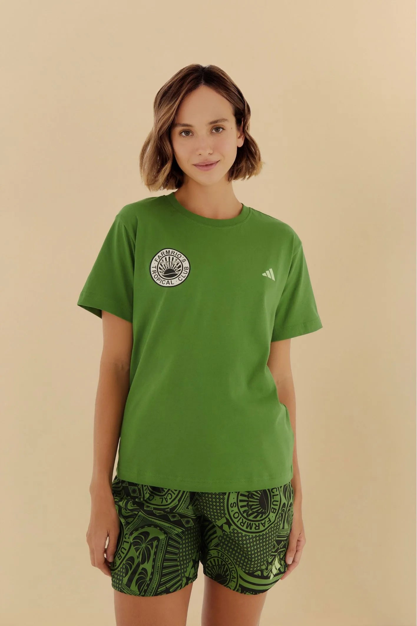 FARM Rio model wearing the Adidas Crew Green Tshirt
