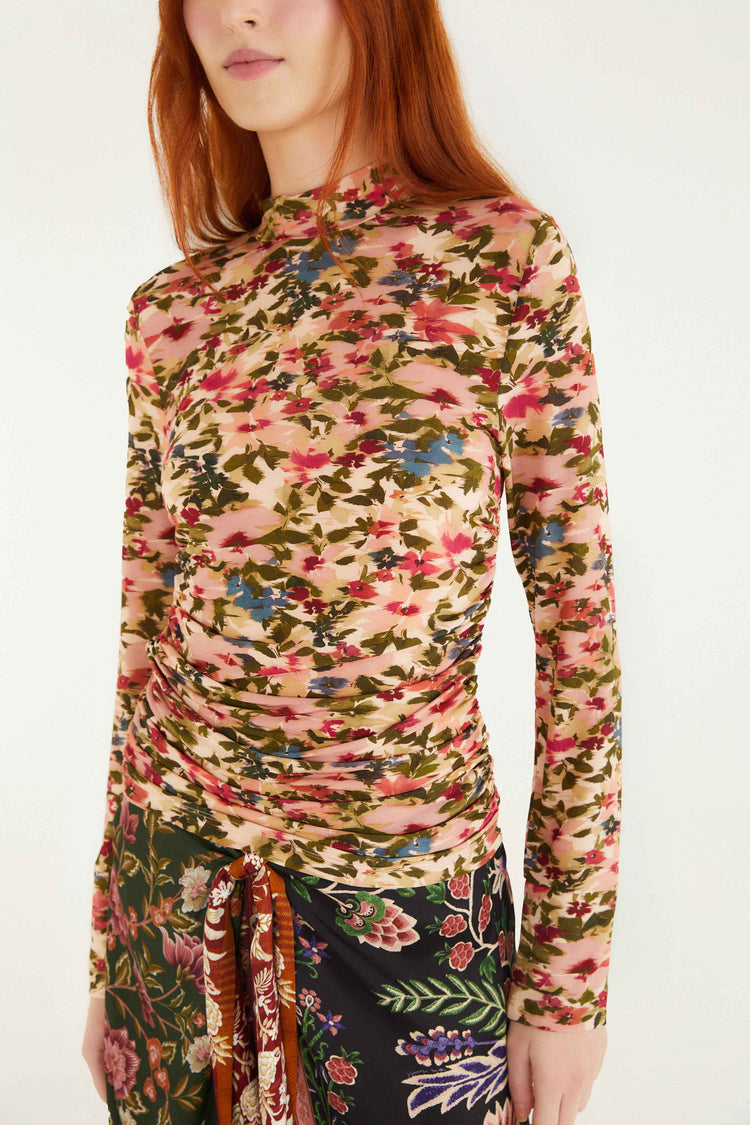 Pink Ikat Tiny Flowers Jersey Blouse