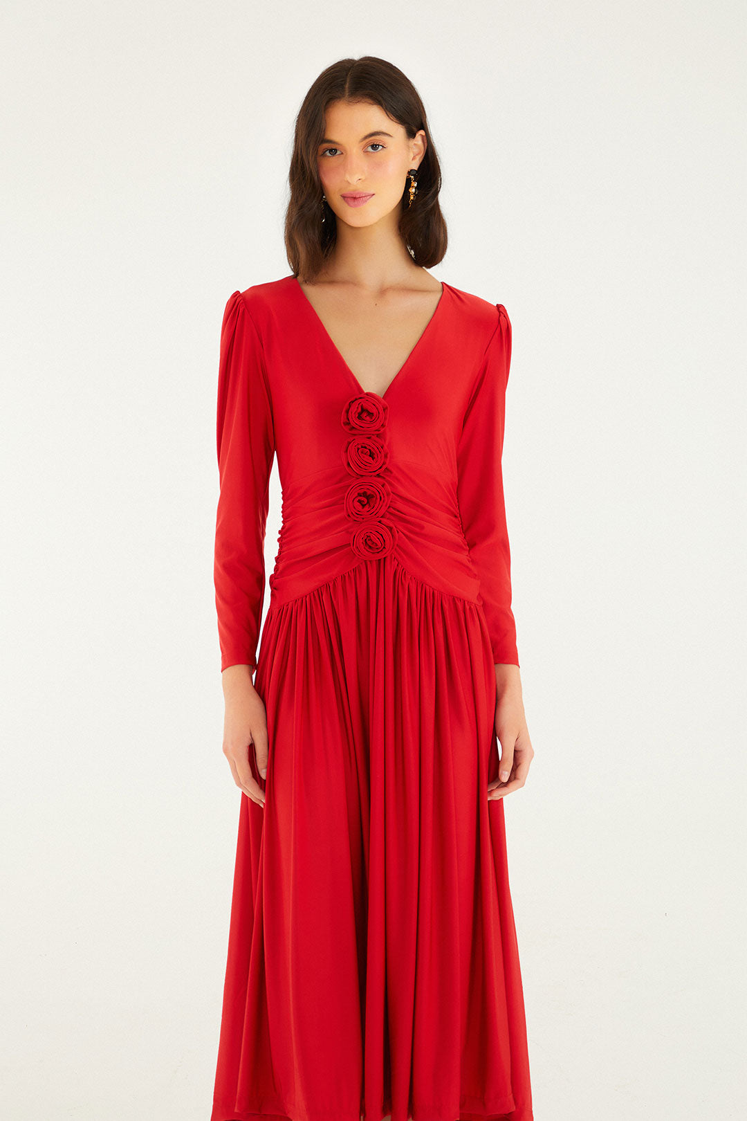 Red Flowers Long Sleeve Midi Dress