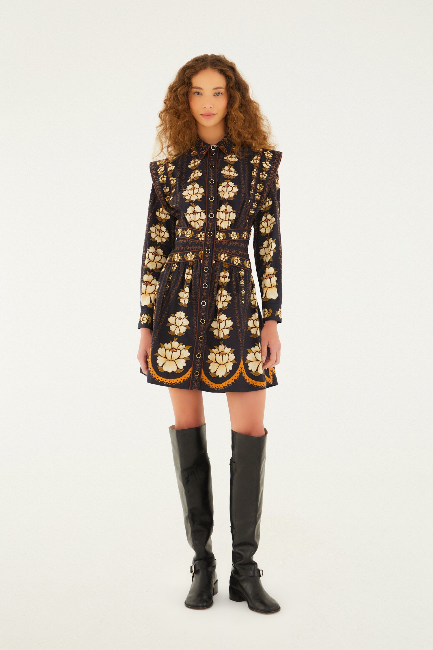 FARM Rio model wearing the Black Bold Flowers Long Sleeve Organic Cotton Mini Dress