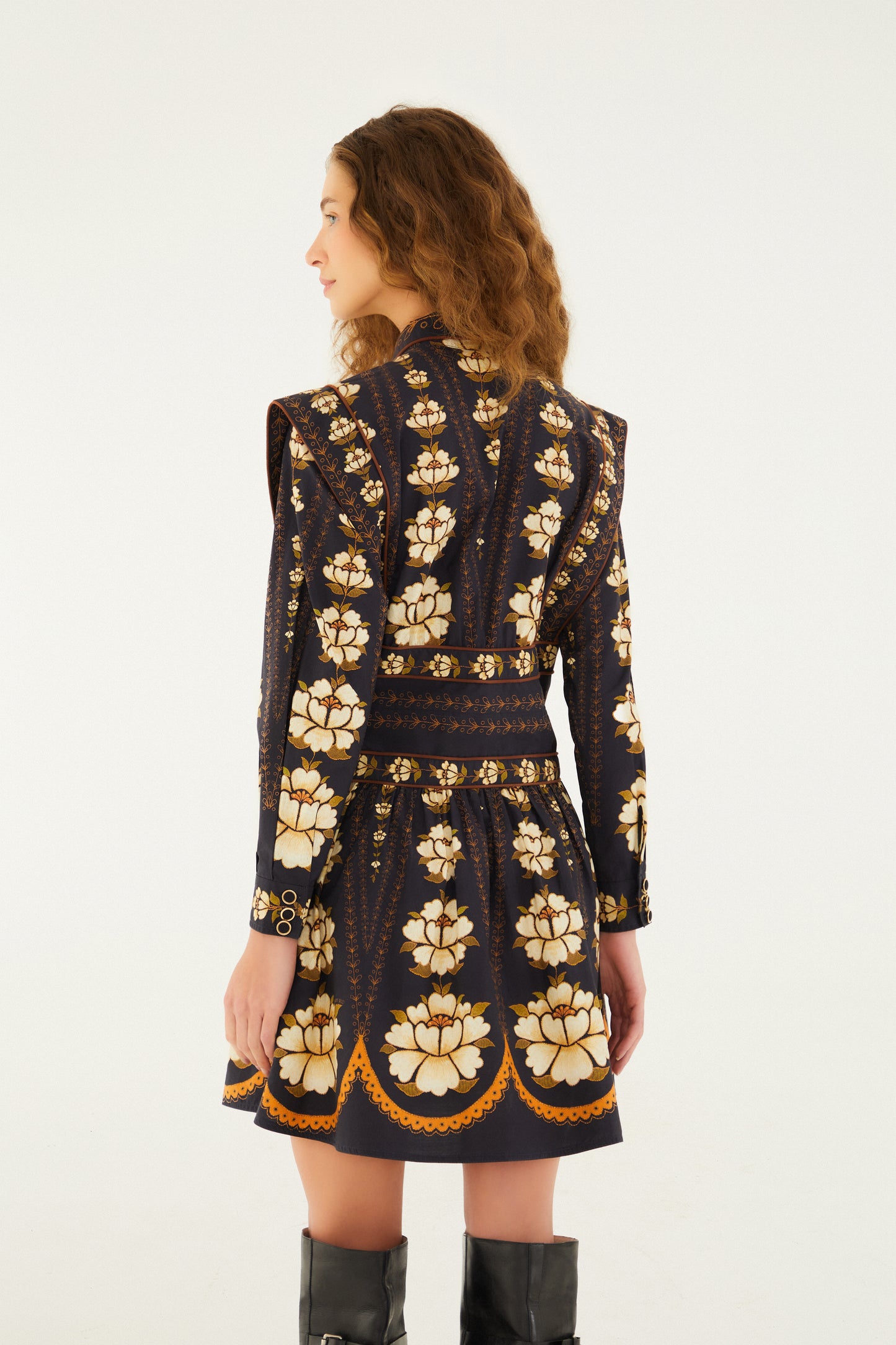 Embroidered Flowers Black Topstitching Long Sleeve