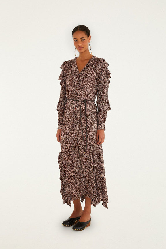 FARM Rio model wearing the Pink Baby Leopard Long Sleeve Angled Frill Maxi Dress