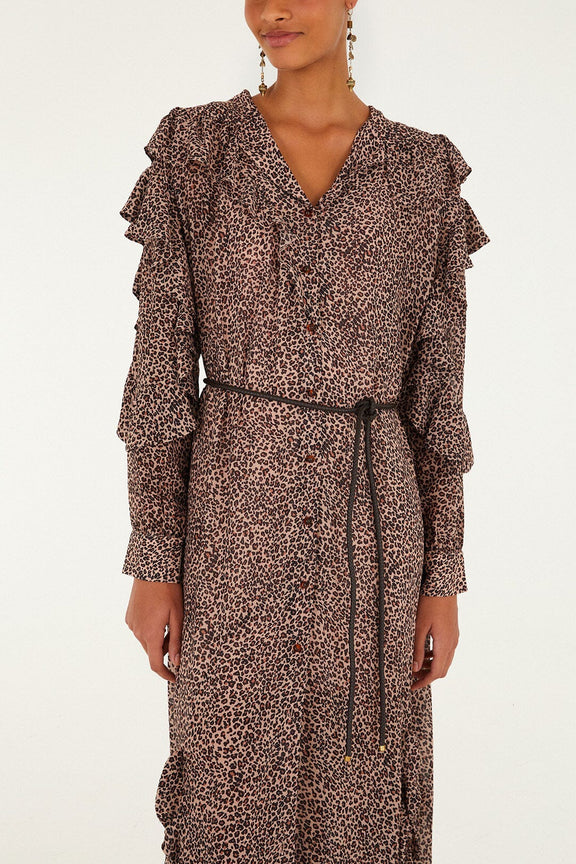 FARM Rio model wearing the Pink Baby Leopard Long Sleeve Angled Frill Maxi Dress