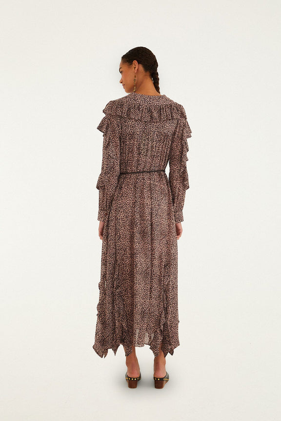 FARM Rio model wearing the Pink Baby Leopard Long Sleeve Angled Frill Maxi Dress