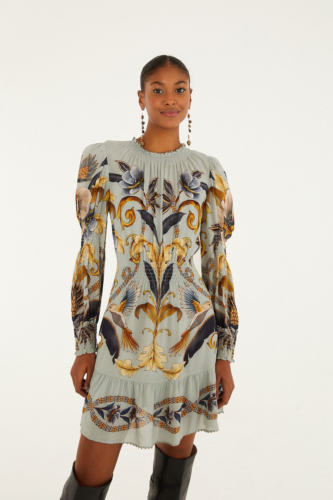 Snake Garden Blue Long Sleeve Mini Dress