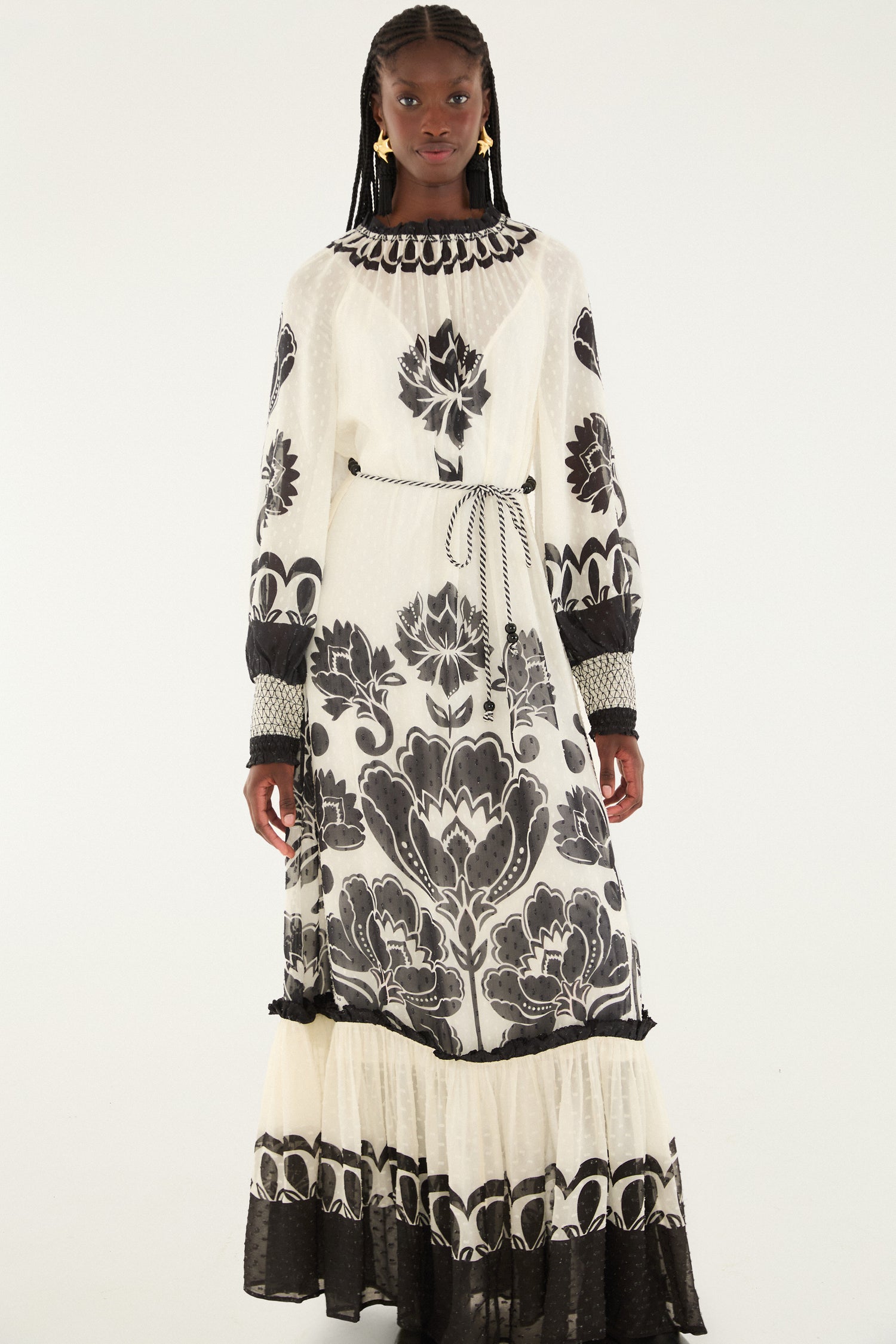 FARM Rio model wearing the cream floral arabesque rope belt maxi dress