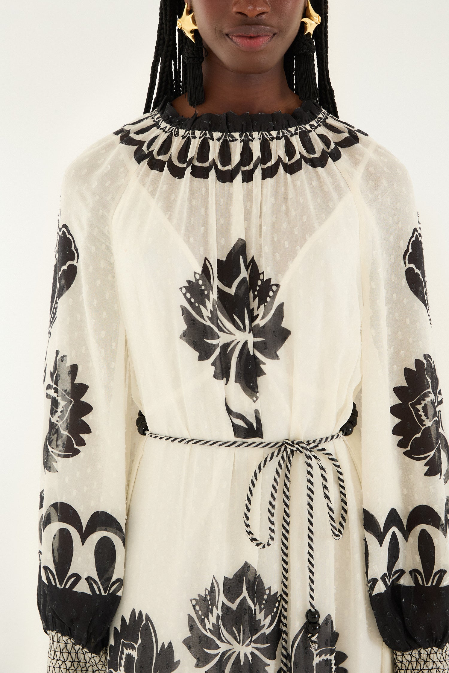 FARM Rio model wearing the cream floral arabesque rope belt maxi dress