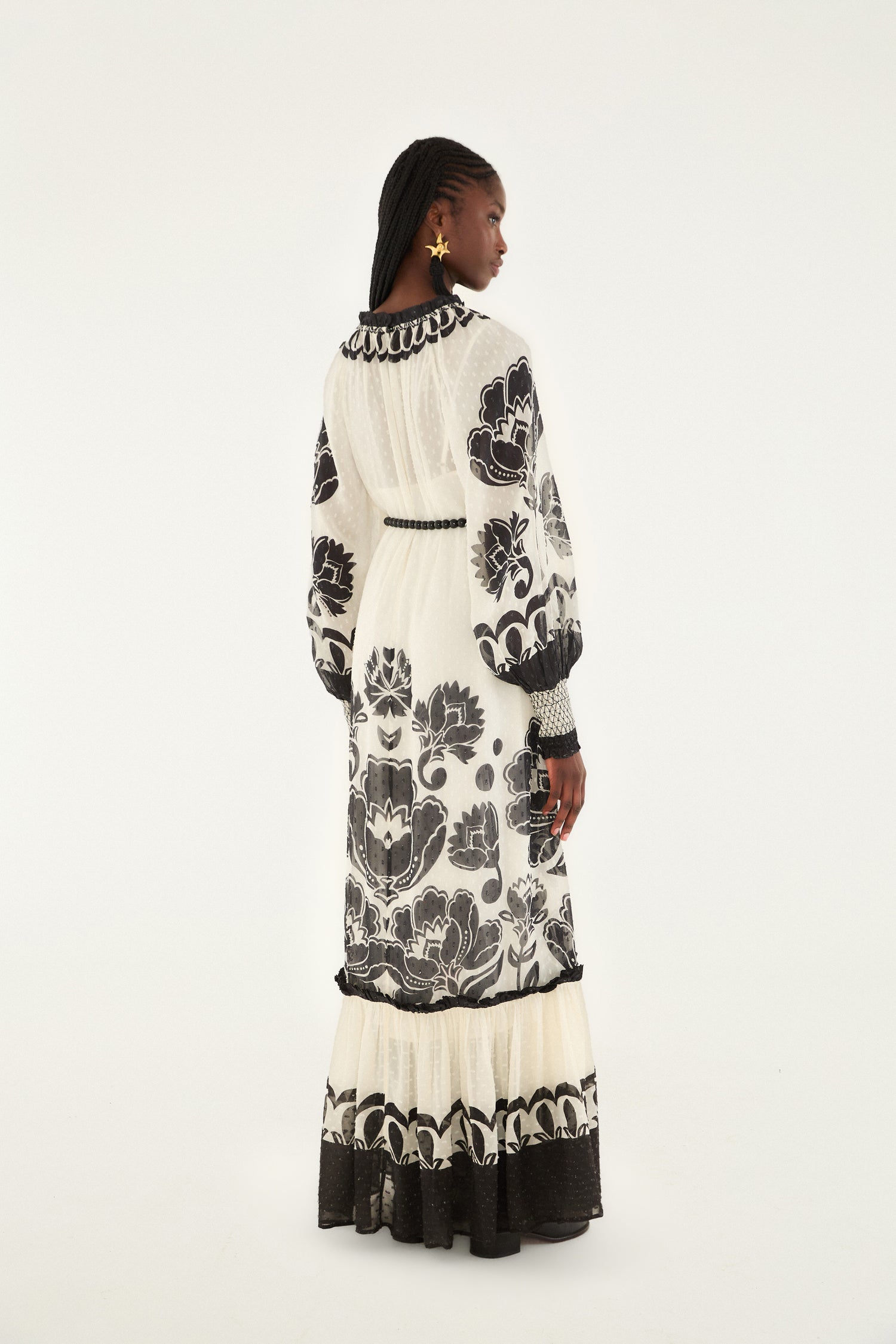 FARM Rio model wearing the cream floral arabesque rope belt maxi dress