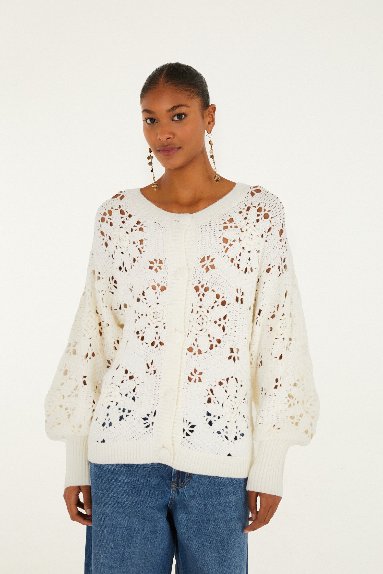 FARM Rio model wearing the Off-White Crochet 3d Flower Knit Cardigan