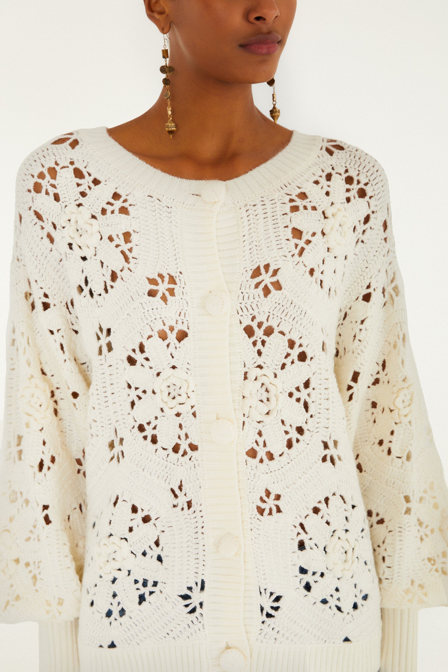 FARM Rio model wearing the Off-White Crochet 3d Flower Knit Cardigan