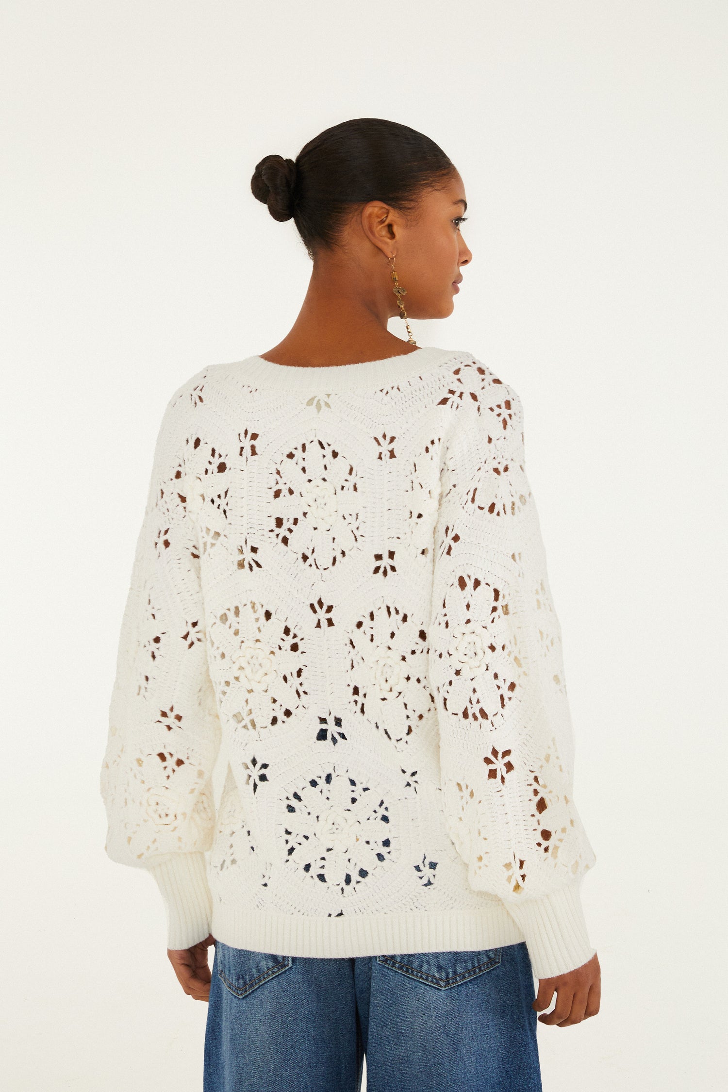 FARM Rio model wearing the Off-White Crochet 3d Flower Knit Cardigan