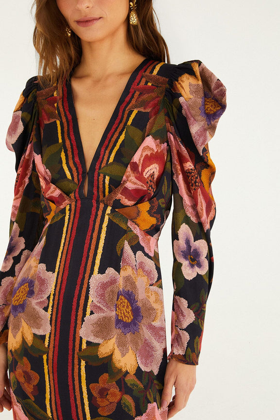 black chenille flowers lenzing™ ecovero™ viscose midi dress