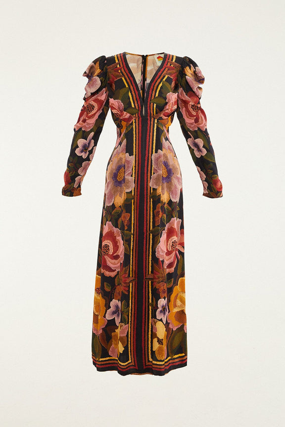 black chenille flowers lenzing™ ecovero™ viscose midi dress