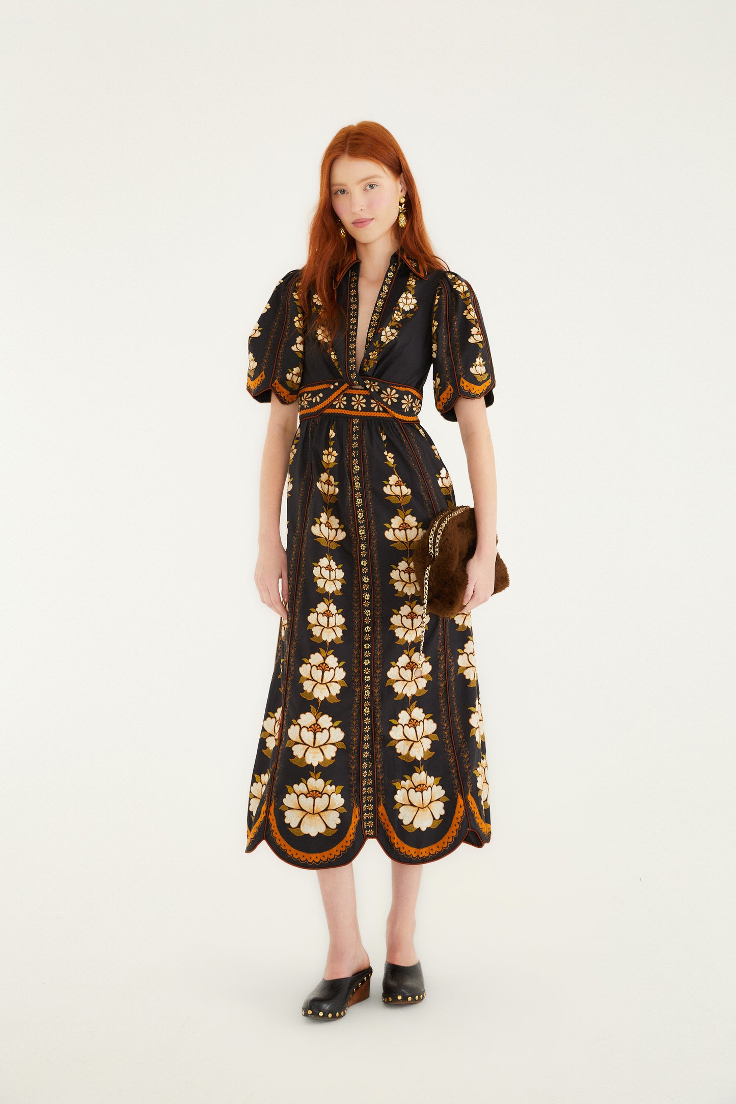Embroidered Flowers Black Midi Dress