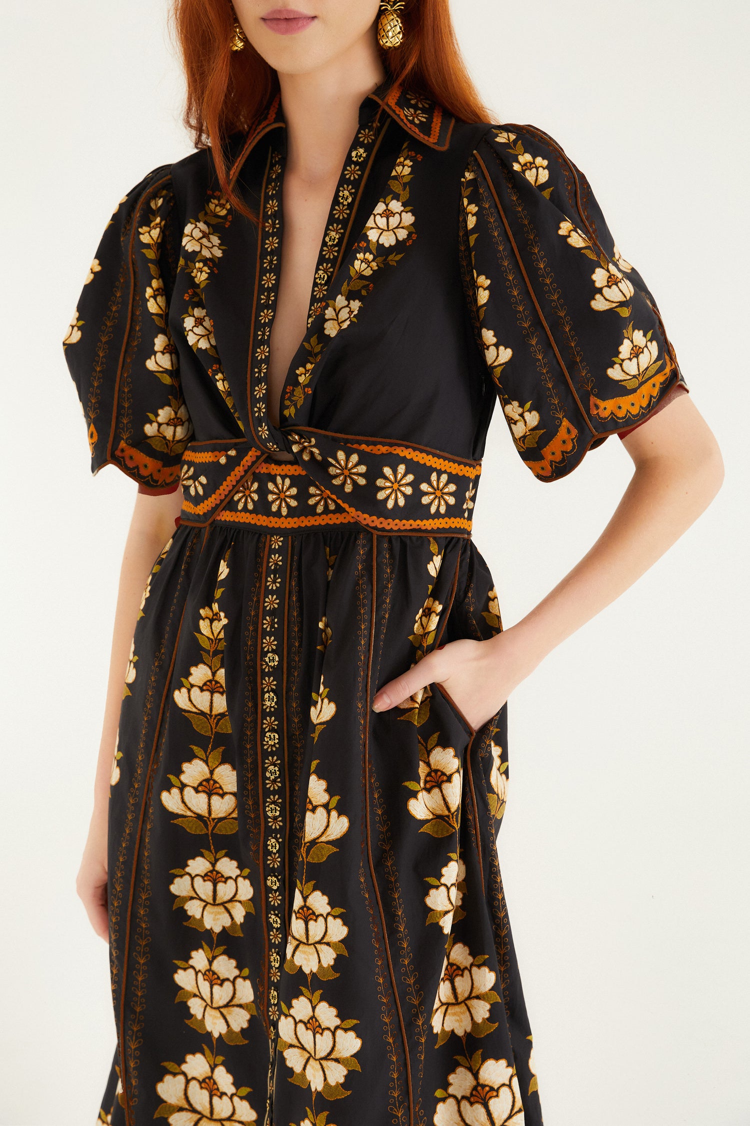 FARM Rio model wearing the Black Bold Flowers Organic Cotton Midi Dress