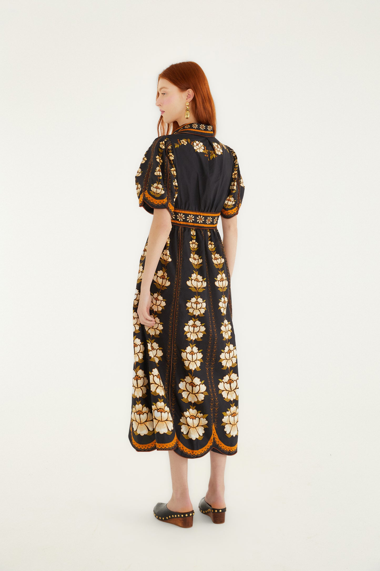 Embroidered Flowers Black Midi Dress