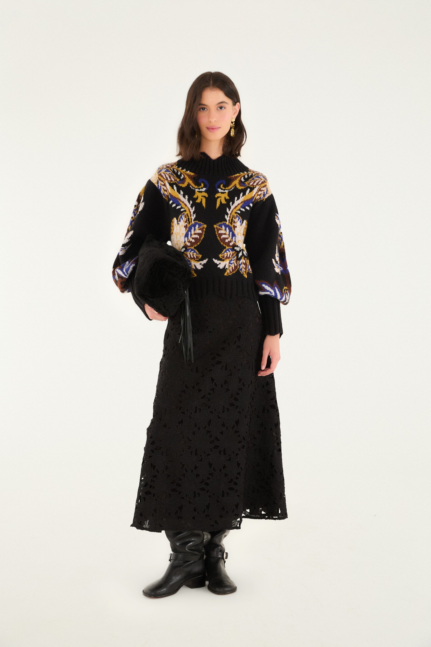 FARM Rio model wearing the Arabesque Paradise Knit Sweater