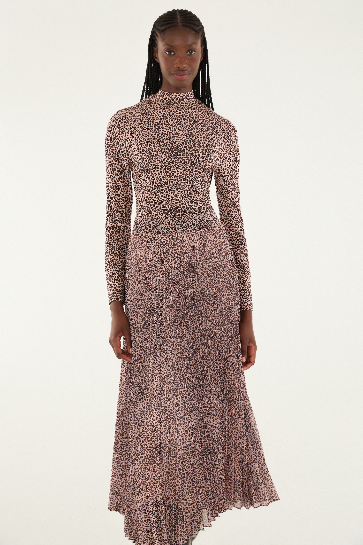 FARM Rio model wearing the pink baby leopard pleated maxi skirt