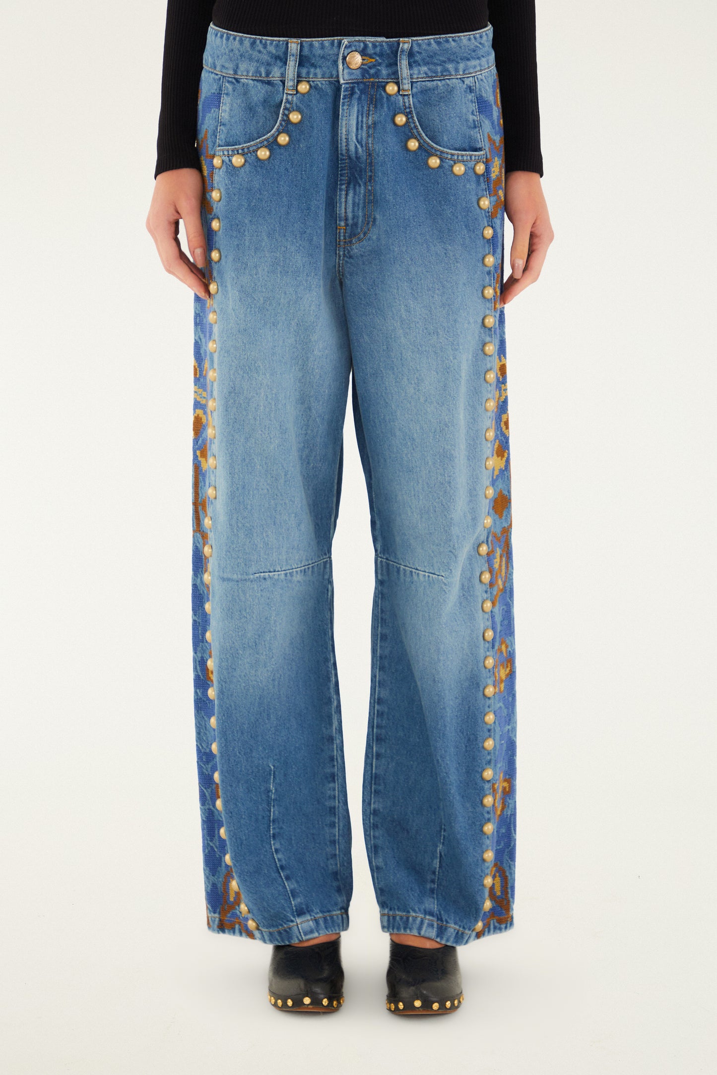 denim metal details embroidered high waist pants