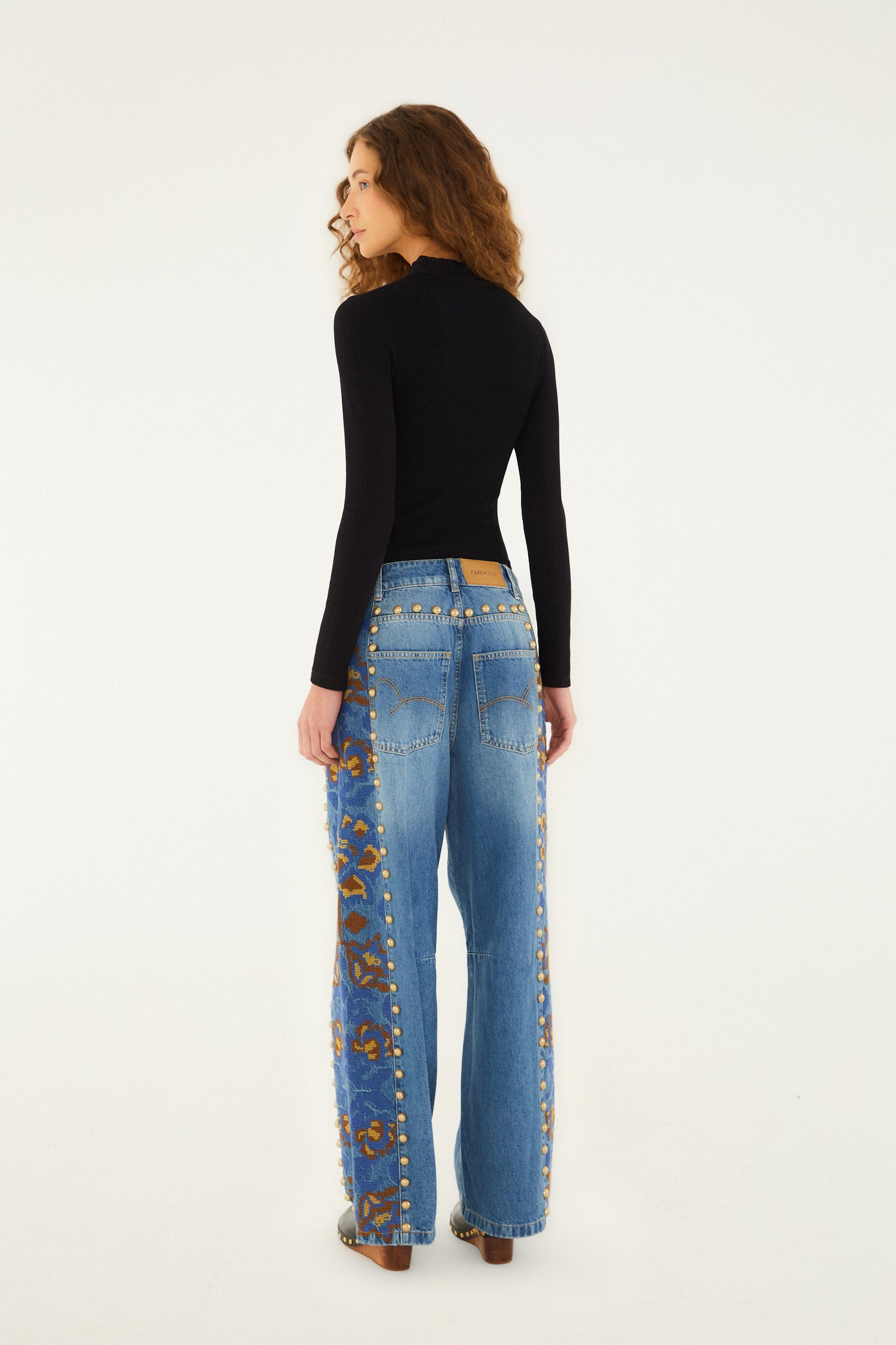 denim metal details embroidered high waist pants