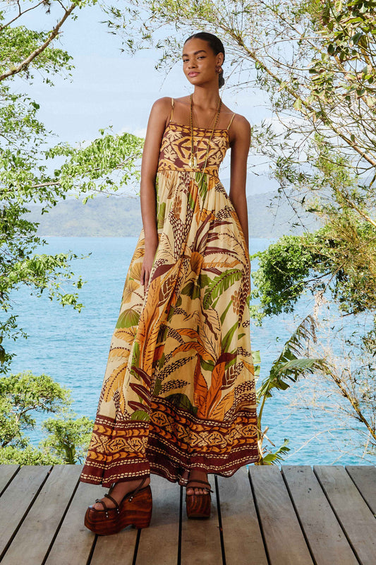 FARM Rio model wearing the Sand Foliage Sketch Maxi Dress