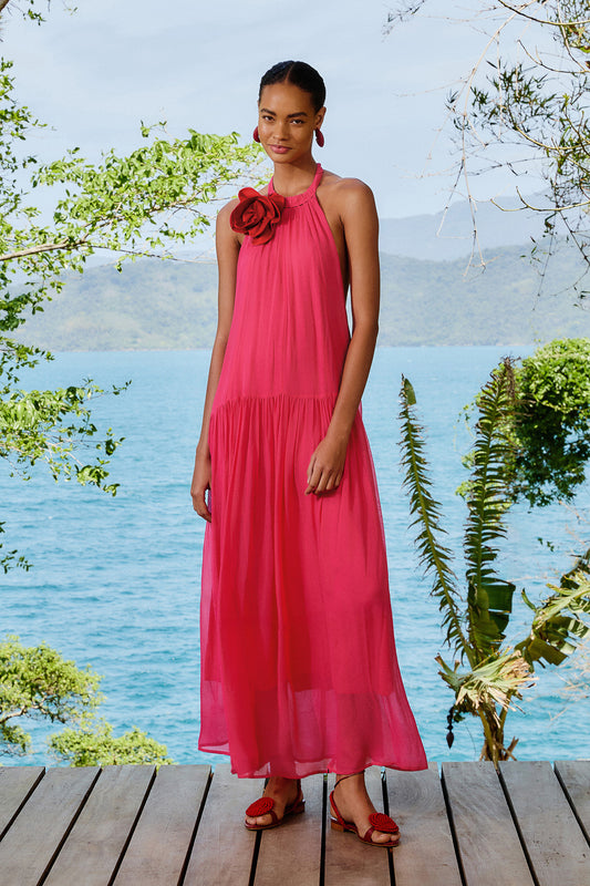 FARM Rio model wearing the Pink Flower Halter Neck Maxi Dress