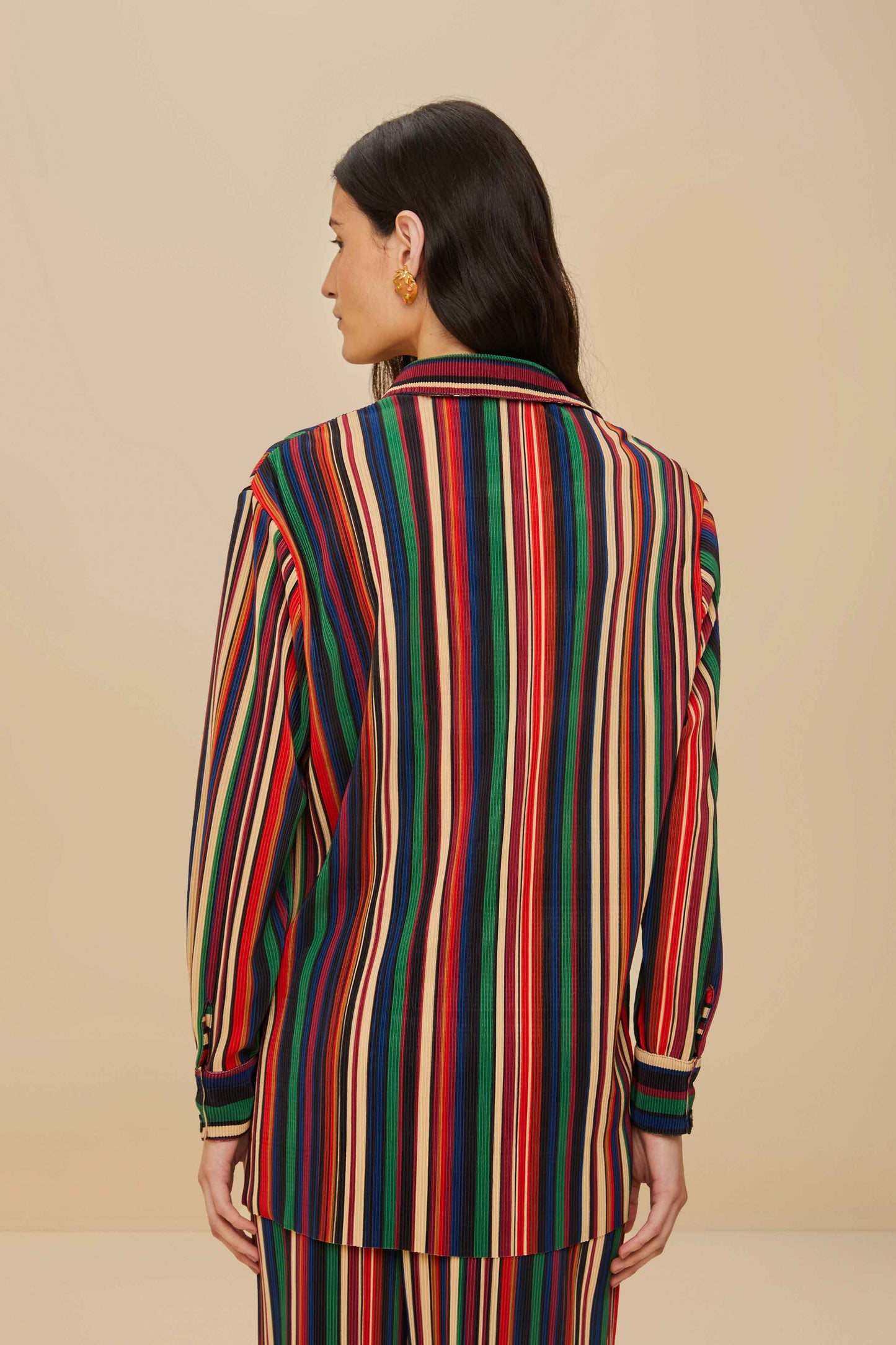 FARM Rio model wearing the Multicolor Pipa Stripes Pleated Shirt